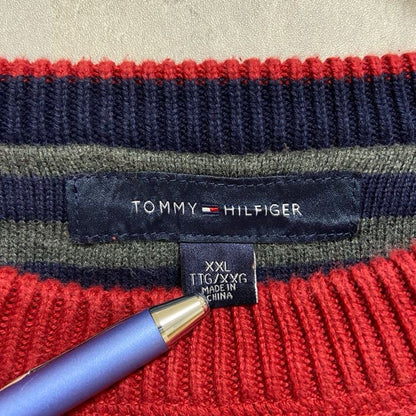 古着　used　TOMMYHILFIGER　トミーヒルフィガー　長袖ワンポイント刺繍ニット　セーター　赤　レッド　XXLサイズ