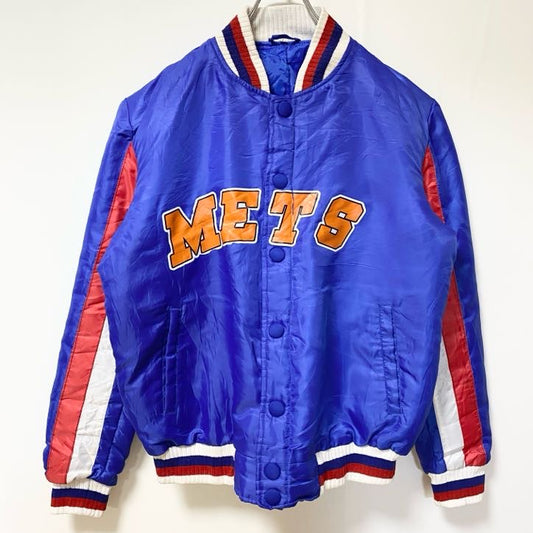 古着 used　長袖ロゴプリントスタジャン　バックプリント　MLB　METS　ニューヨークメッツ　野球　青　ヴィンテージ　Lサイズ
