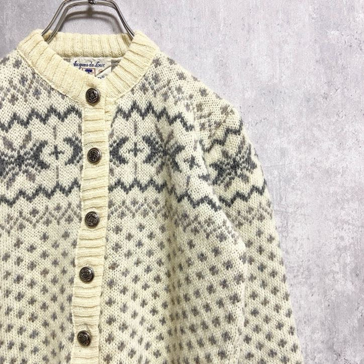 長袖ノルディック柄ニット　セーター　カーディガン　クルーネック　白　ホワイト　レトロ　秋冬服　Mサイズ　古着