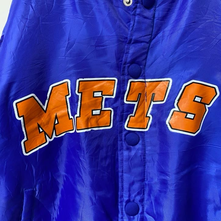 古着 used　長袖ロゴプリントスタジャン　バックプリント　MLB　METS　ニューヨークメッツ　野球　青　ヴィンテージ　Lサイズ