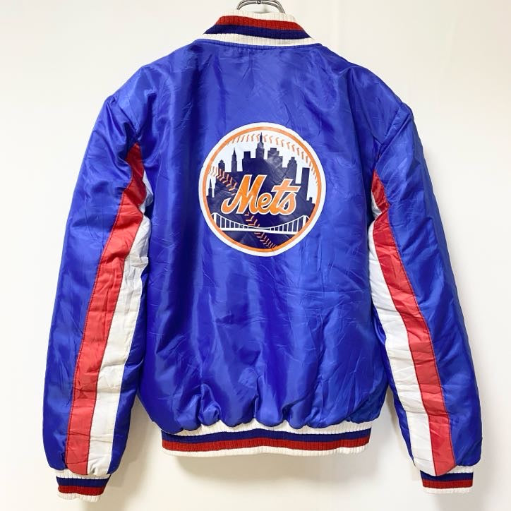 古着 used　長袖ロゴプリントスタジャン　バックプリント　MLB　METS　ニューヨークメッツ　野球　青　ヴィンテージ　Lサイズ