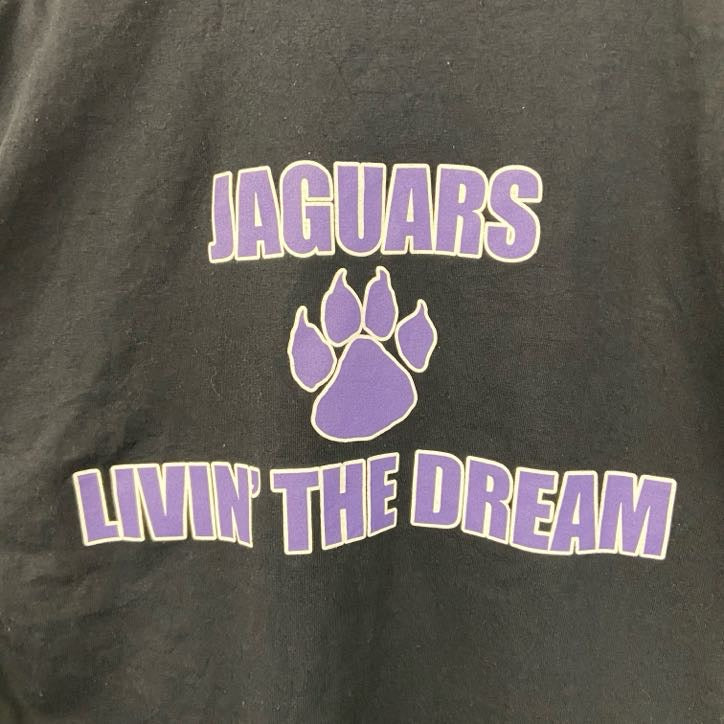 GILDAN　半袖クルーネックTシャツ　バックプリント　JAGUARS　ザムウォルトウエスト　肉球　黒　ブラック　Mサイズ　古着