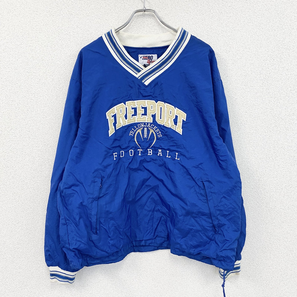 90s～　HERO247.com　ナイロンプルオーバージャケット　リブライン　アーチプリント　3連プリント　青　ブルー　Lサイズ　　ヴィンテージ　古着