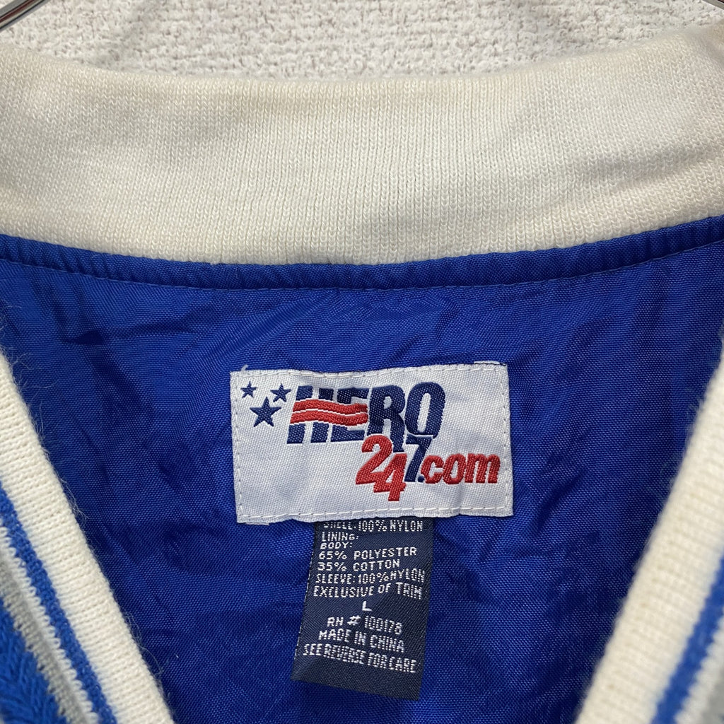 90s～　HERO247.com　ナイロンプルオーバージャケット　リブライン　アーチプリント　3連プリント　青　ブルー　Lサイズ　　ヴィンテージ　古着