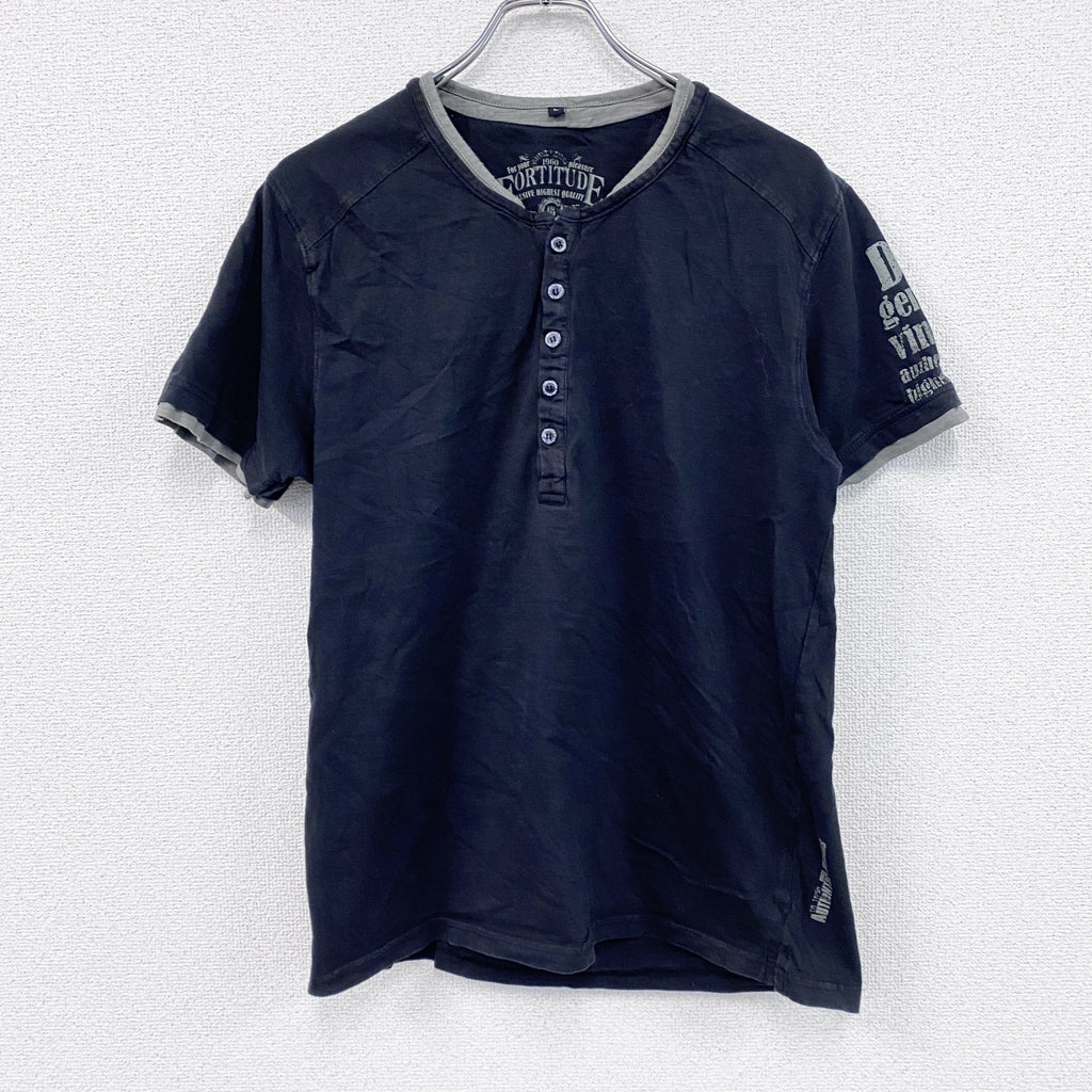 FORTITUDE　半袖リメイクTシャツ　ヘンリーネック　編み込み加工　黒　ブラック　Lサイズ　古着