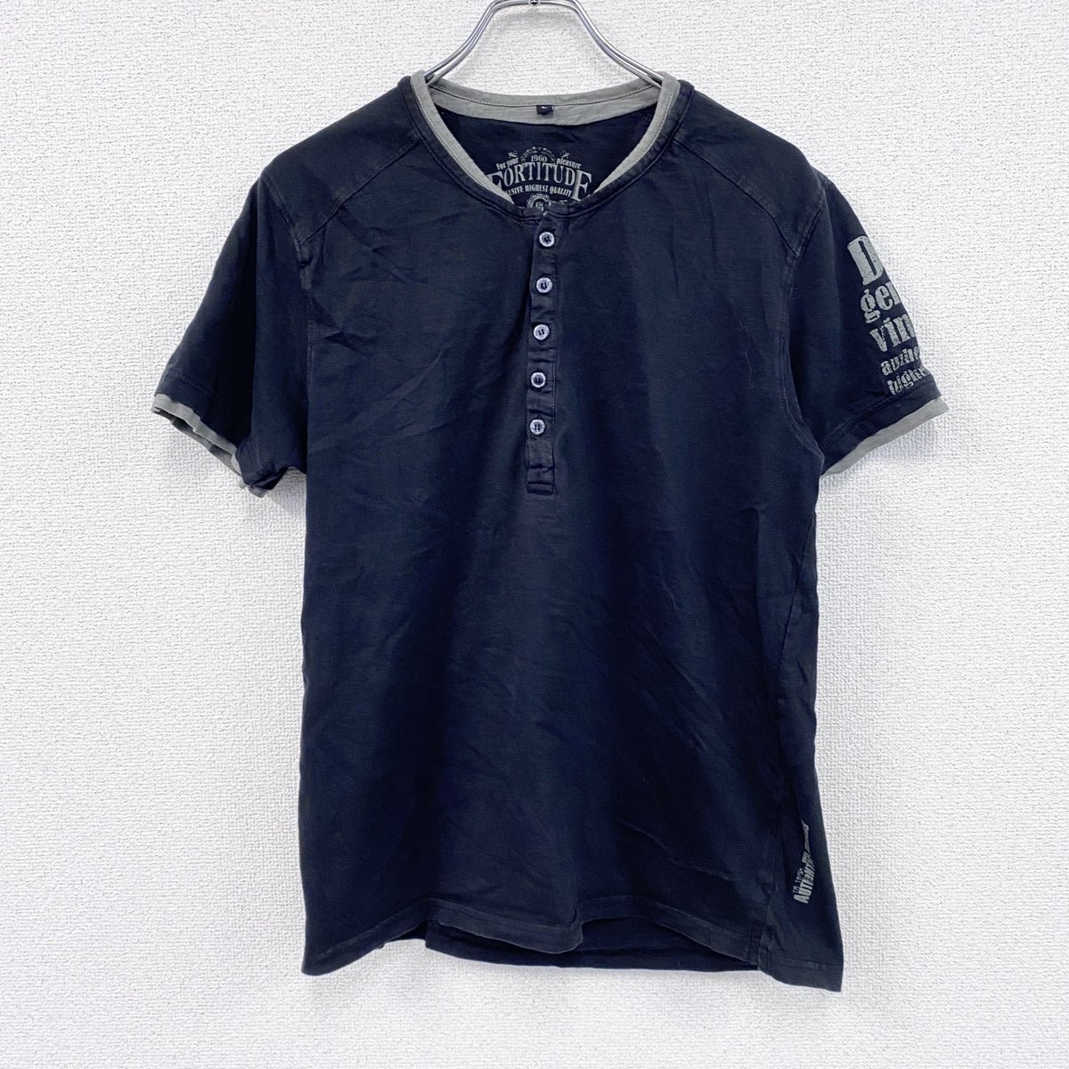 FORTITUDE　半袖リメイクTシャツ　ヘンリーネック　編み込み加工　黒　ブラック　Lサイズ　古着