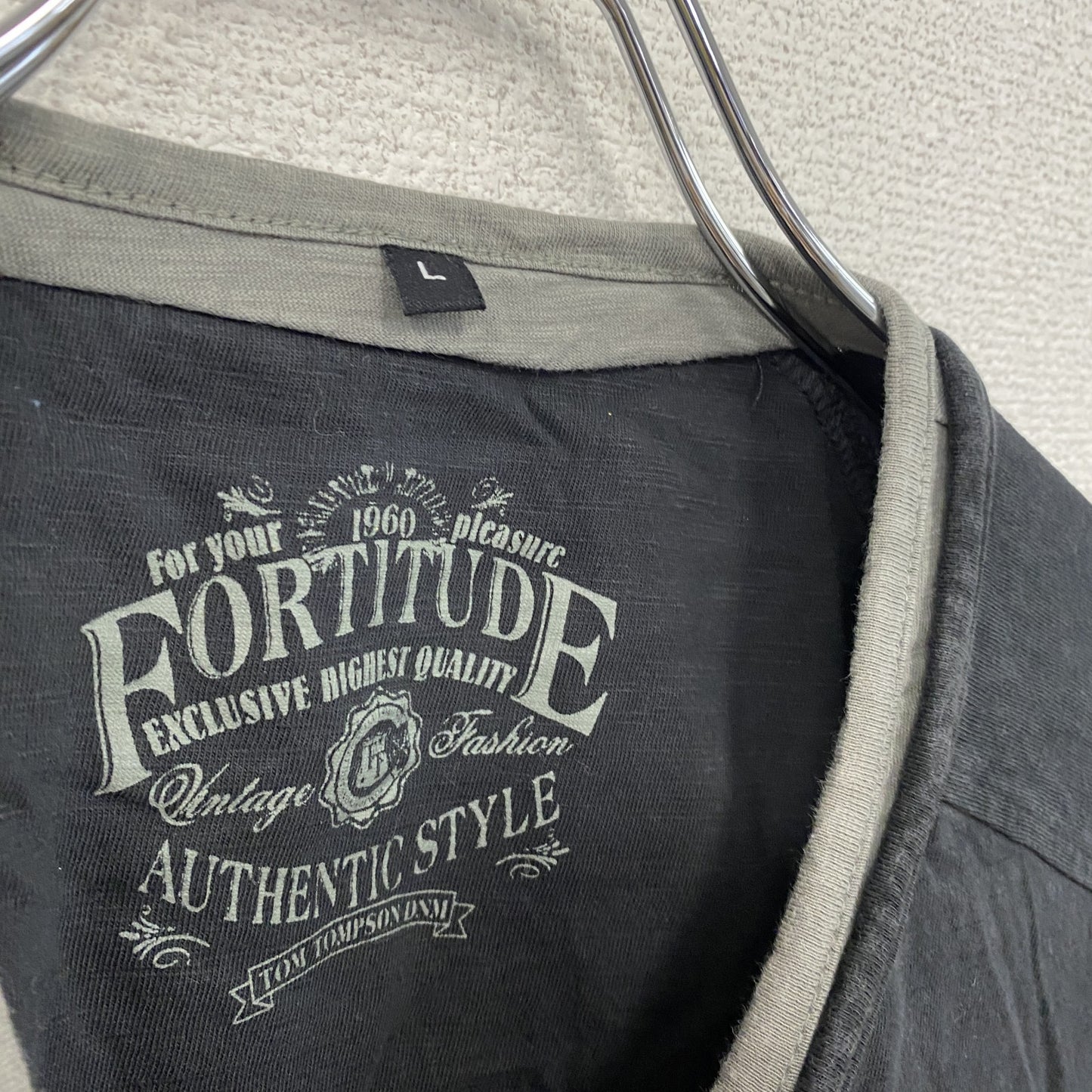FORTITUDE　半袖リメイクTシャツ　ヘンリーネック　編み込み加工　黒　ブラック　Lサイズ