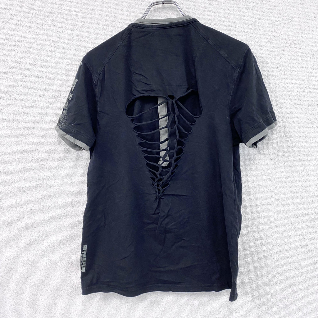 FORTITUDE　半袖リメイクTシャツ　ヘンリーネック　編み込み加工　黒　ブラック　Lサイズ　古着
