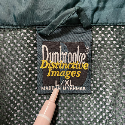 古着 used　Dunbrooke　ダンブルック　長袖ハイネックナイロンジャケット　ワンポイント刺繍　フード収納　ネイビー　緑