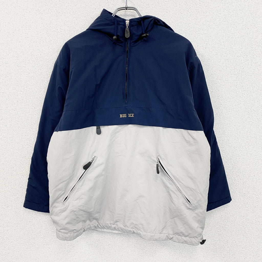 BIG ICE　アノラックパーカー　刺繍ロゴ　紺　ネイビー　白　ホワイト　XLサイズ　古着