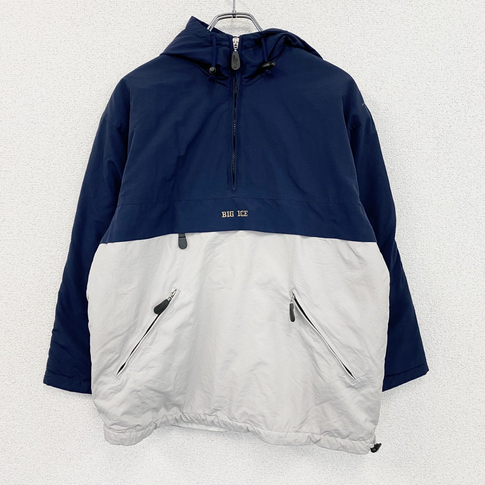 BIG ICE　アノラックパーカー　刺繍ロゴ　紺　ネイビー　白　ホワイト　XLサイズ　古着