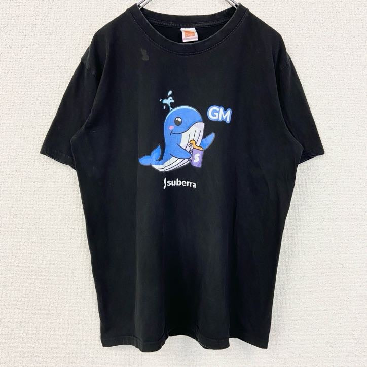 Oren　半袖アニマルプリントTシャツ　クジラ　キャラクター　クルーネック　黒　ブラック　XLサイズ　古着