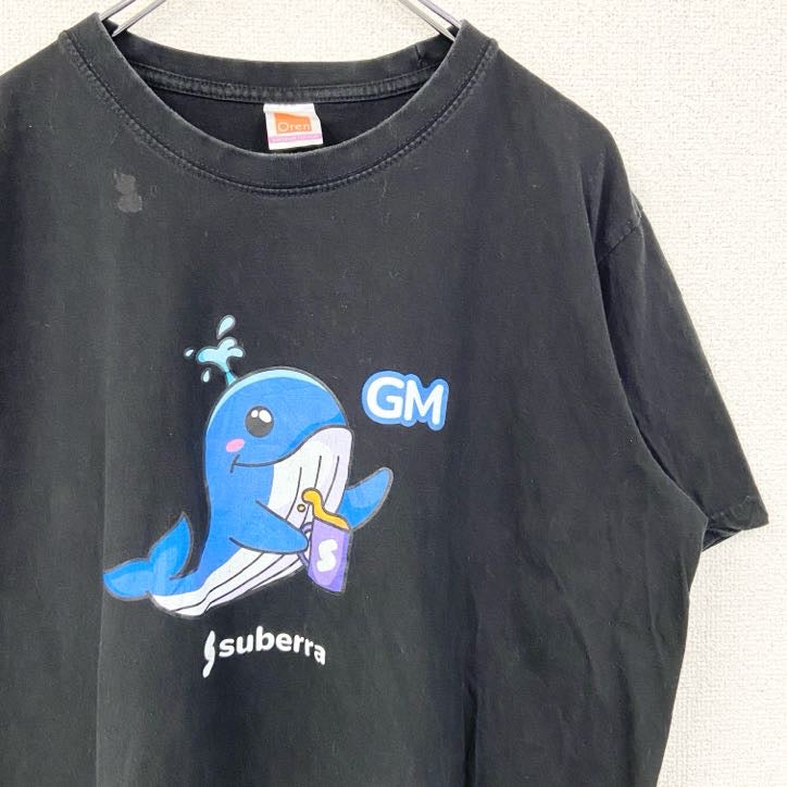 Oren　半袖アニマルプリントTシャツ　クジラ　キャラクター　クルーネック　黒　ブラック　XLサイズ　古着