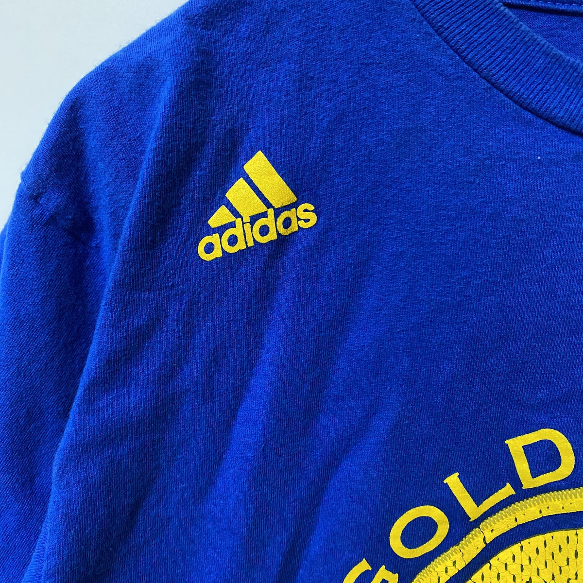 Adidas　アディダス　半袖クルーネックデザインプリントTシャツ　青　ブルー　GOLDEN WARRIORS　Mサイズ　古着