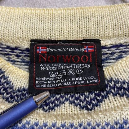 古着　used　Norwool　長袖ノルディック柄ニット　セーター　クルーネック　白　ホワイト　オーバーサイズ　北欧　XLサイズ