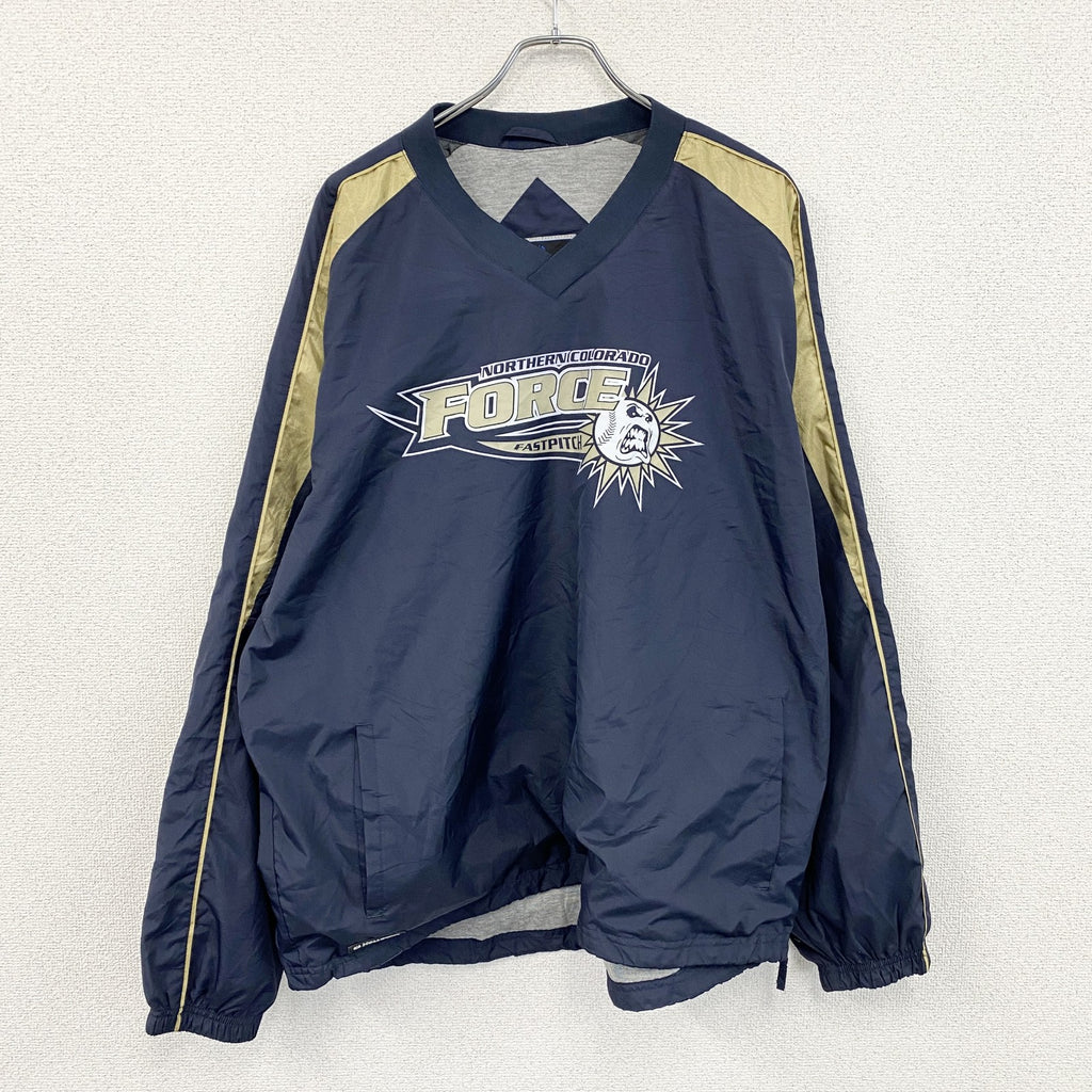 90s　Holloway　ホロウェイ　プルオーバージャケット　Vネック　英字プリント　ヴィンテージ　紺　ネイビー　XLサイズ ウインドブレーカー ナイロンアウター メンズ 古着