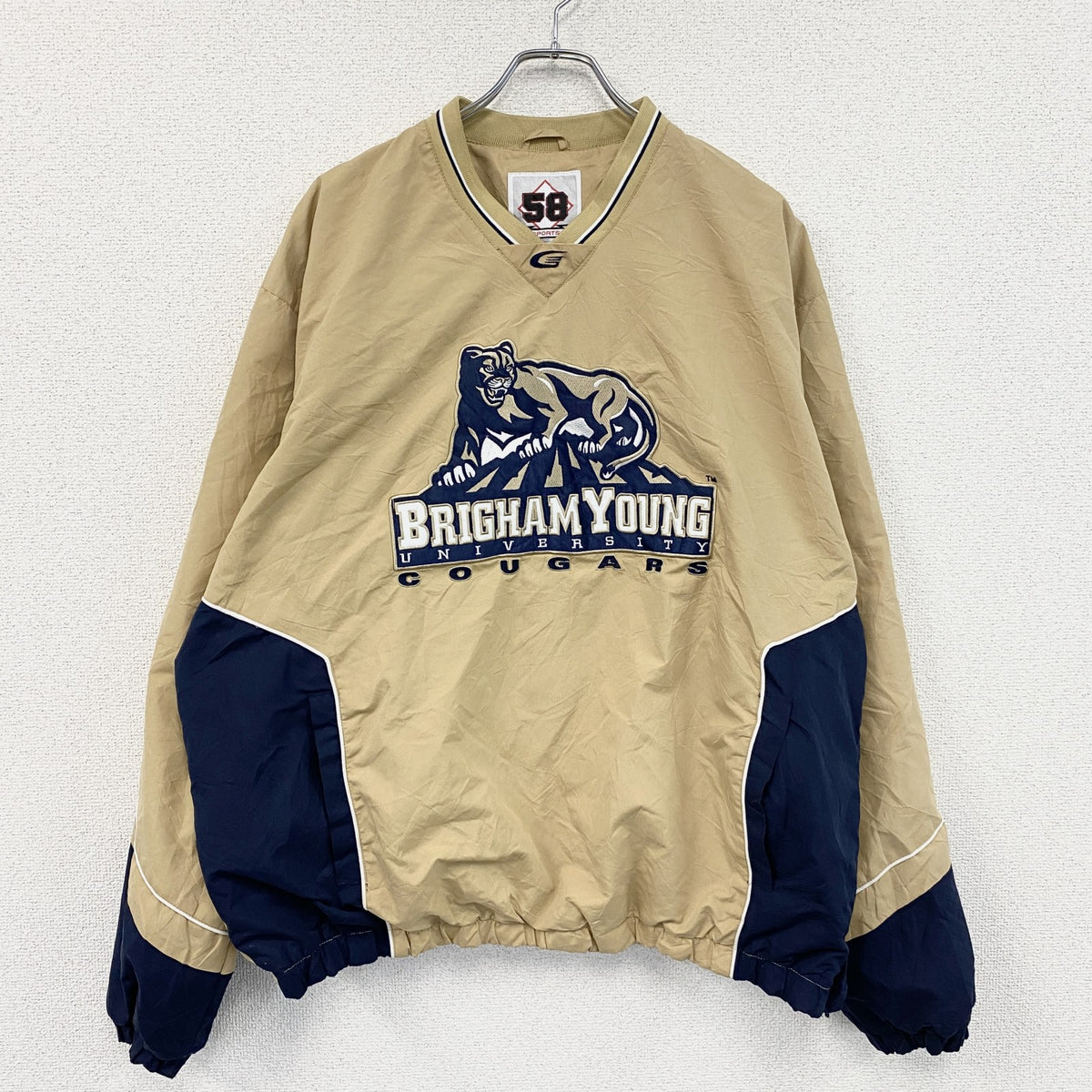 90s　58 SPORTS　プルオーバージャケット　カレッジロゴ　ワッペン　ヴィンテージ　ベージュ　XLサイズ　古着
