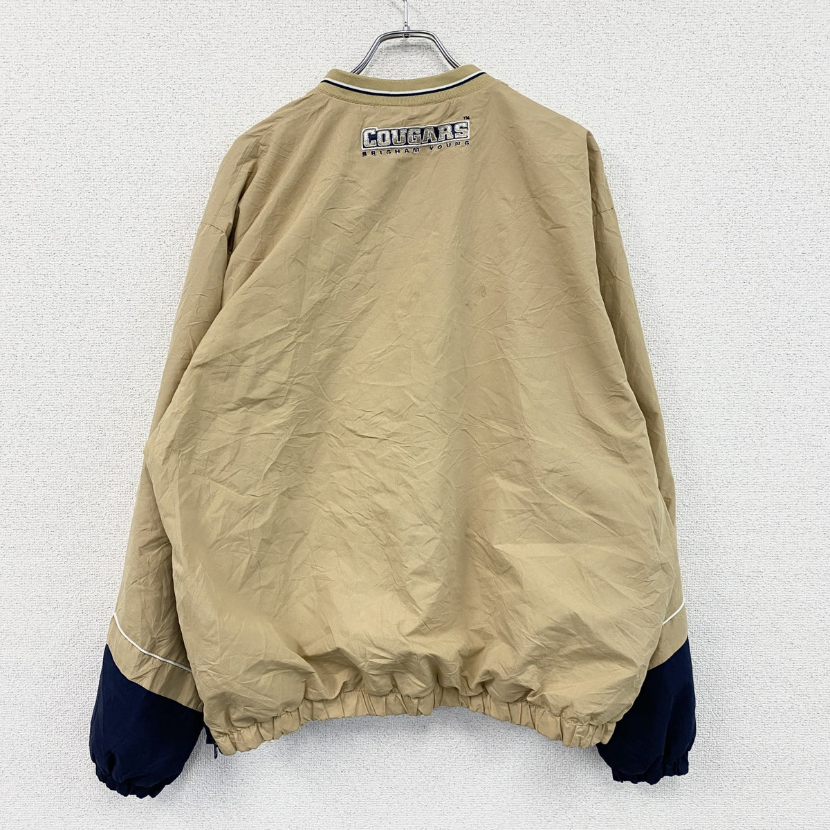 90s　58 SPORTS　プルオーバージャケット　カレッジロゴ　ワッペン　ヴィンテージ　ベージュ　XLサイズ　古着