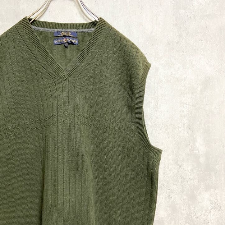 TOMMYHILFIGER　トミーヒルフィガー　ワンポイント刺繍ニットベスト　Vネック　緑　グリーン　XLサイズ　古着