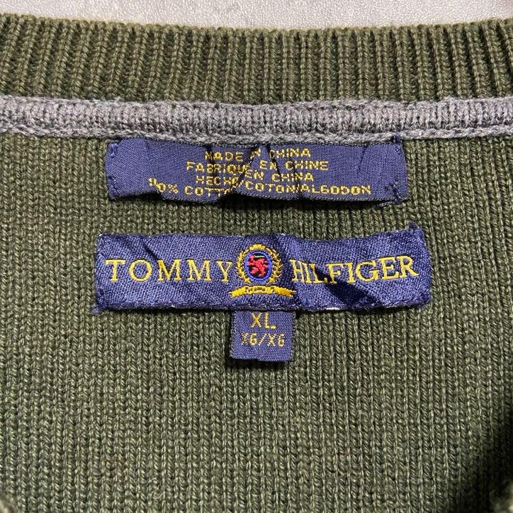 TOMMYHILFIGER　トミーヒルフィガー　ワンポイント刺繍ニットベスト　Vネック　緑　グリーン　XLサイズ　古着
