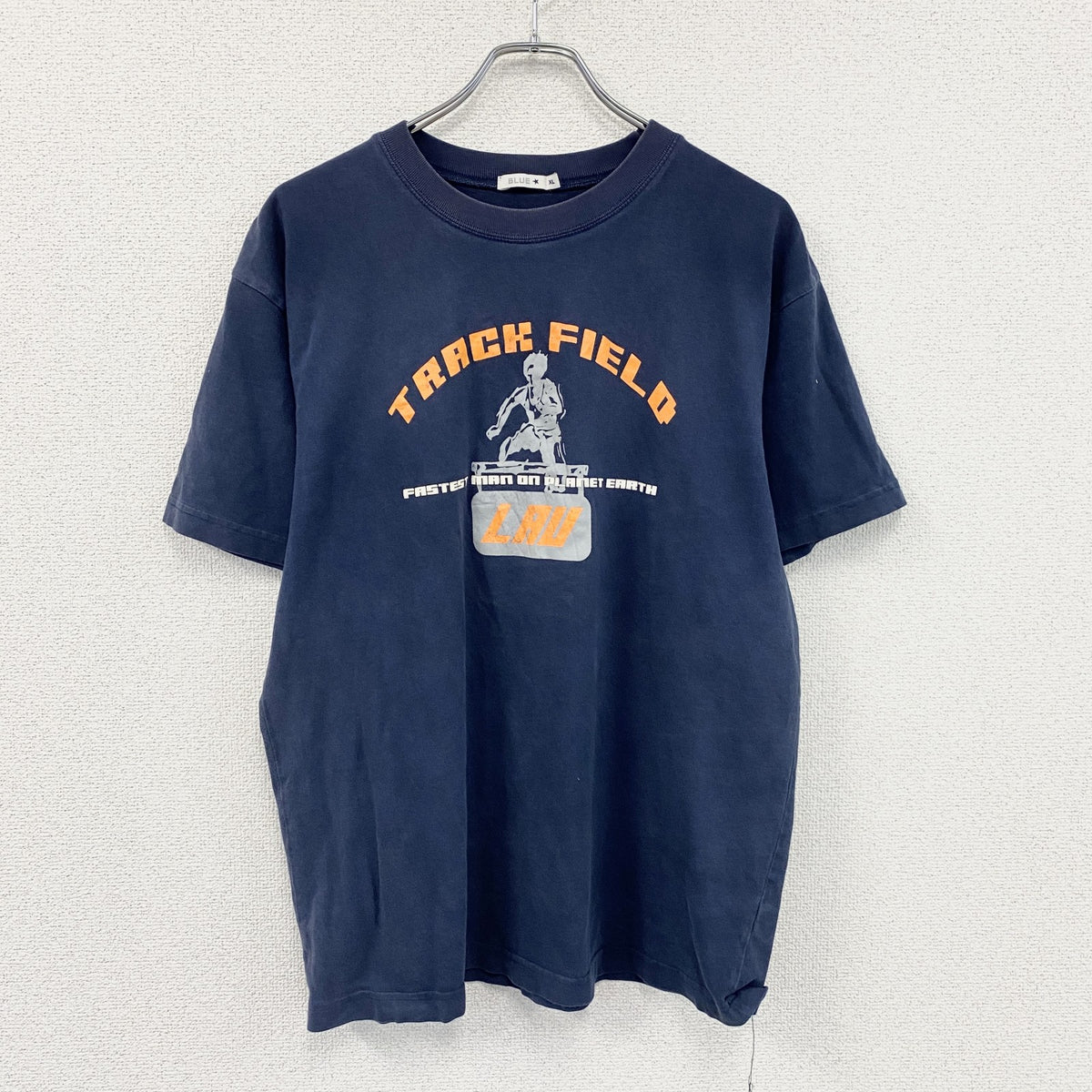 00s　BLUE　半袖プリントTシャツ　アーチプリント　Track and field　紺　ネイビー　XLサイズ　古着