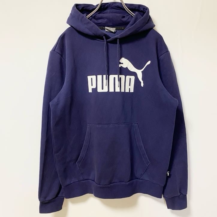 古着 used　PUMA　プーマ　長袖ロゴプリントパーカー　スウェットプルオーバー　フーディー　紺　ネイビー　秋冬服