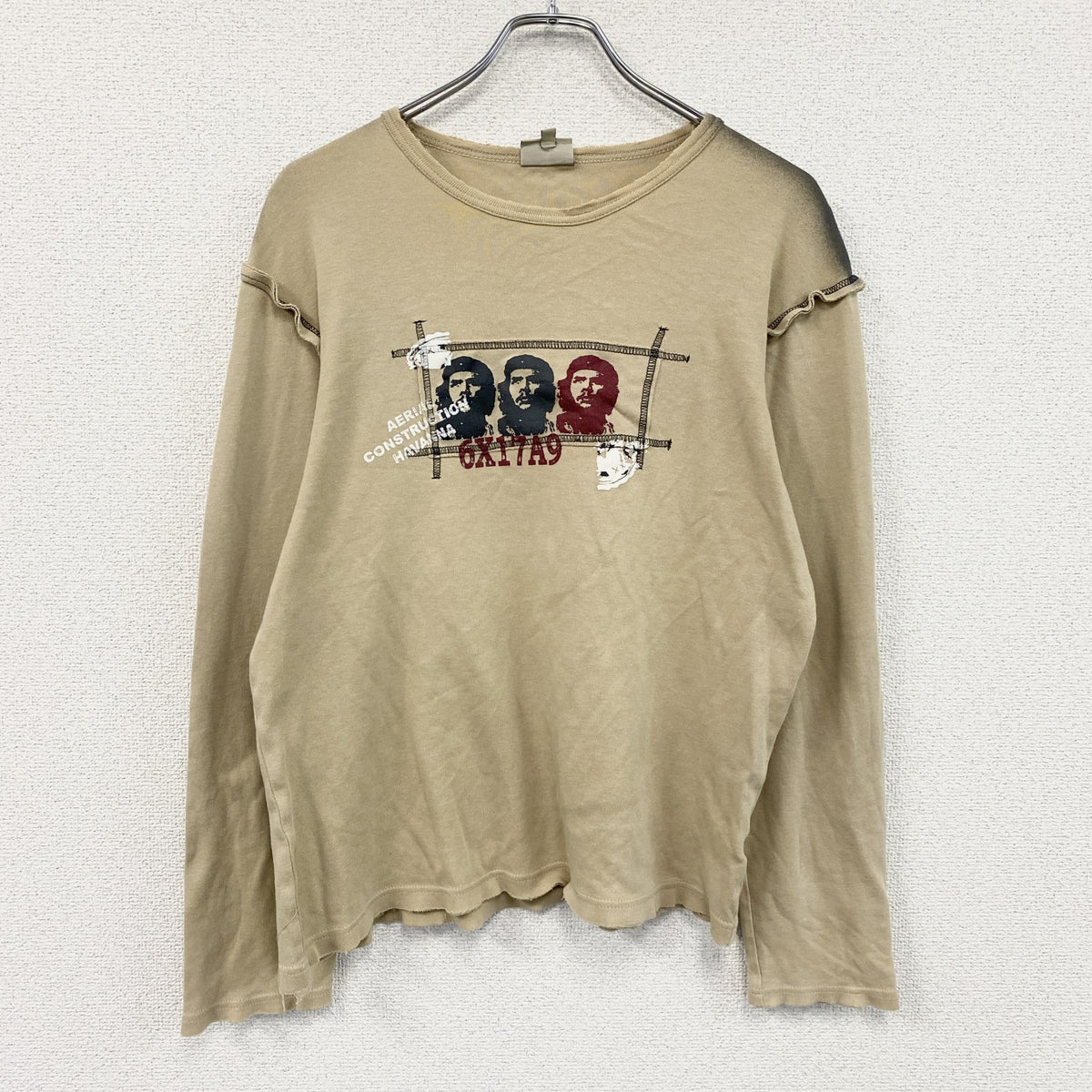 HEMISPHERE　へミスフィア　チェゲバラ　長袖プリントTシャツ/ロンT　ダメージ加工　ベージュ　Mサイズ　古着