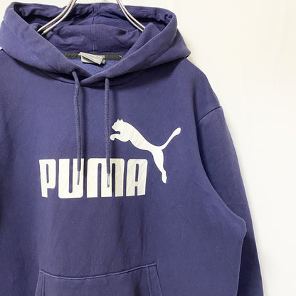 古着 used　PUMA　プーマ　長袖ロゴプリントパーカー　スウェットプルオーバー　フーディー　紺　ネイビー　秋冬服