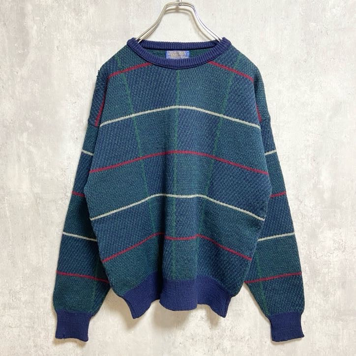 古着　used　70s　PENDLETON　長袖チェック柄ニット　セーター　USA製　ヴィンテージ　ネイビー　Lサイズ