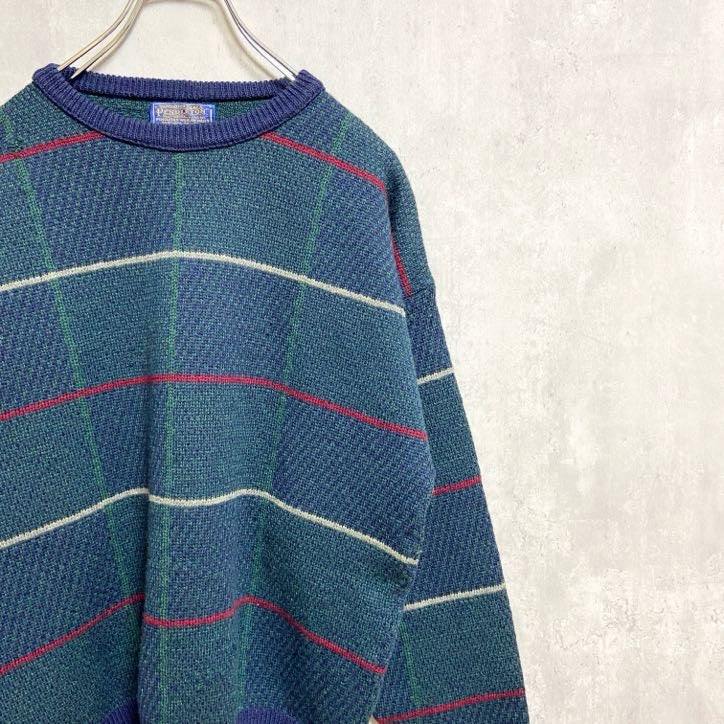 古着　used　70s　PENDLETON　長袖チェック柄ニット　セーター　USA製　ヴィンテージ　ネイビー　Lサイズ