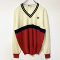 ～90s　FILA　フィラ　長袖Vネックアクリルニットセーター　刺繍ロゴ　ワンポイント　マルチカラー　白　ホワイト　XLサイズ　　ヴィンテージ　古着