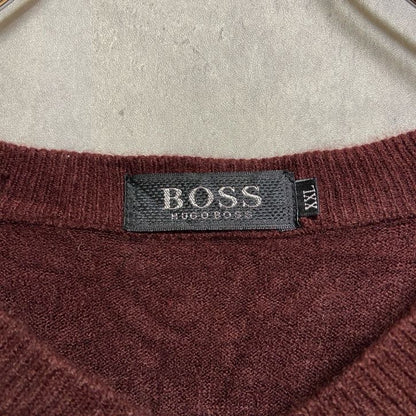 古着　used　HUGOBOSS　ヒューゴボス　長袖Vネックニット　セーター　ブラウン　ワンポイントロゴ刺繡　XXLサイズ