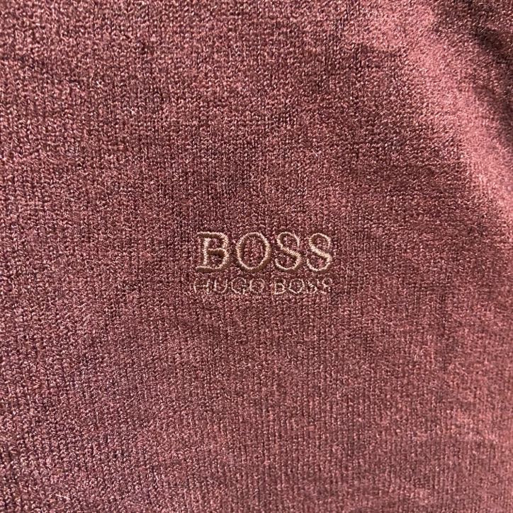 古着　used　HUGOBOSS　ヒューゴボス　長袖Vネックニット　セーター　ブラウン　ワンポイントロゴ刺繡　XXLサイズ