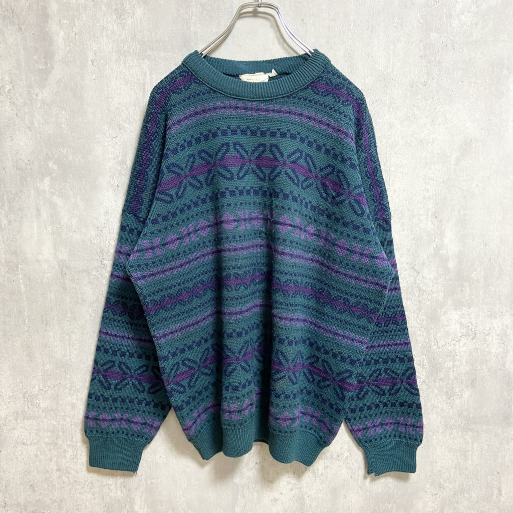 ～90s　AARDVARK　総柄ウールニットセーター　カナダ製　緑　グリーン　レトロ　秋冬服　Mサイズ　　ヴィンテージ　古着
