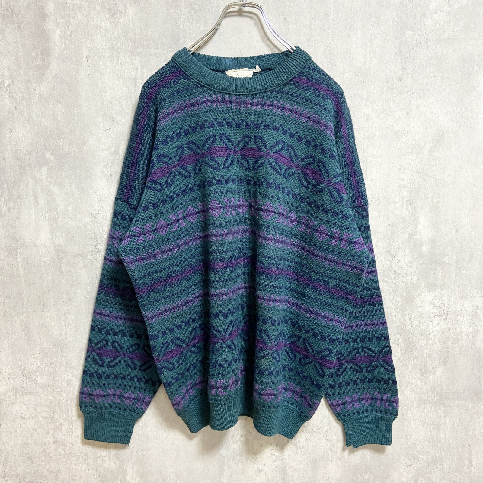 ～90s　AARDVARK　総柄ウールニットセーター　カナダ製　緑　グリーン　レトロ　秋冬服　Mサイズ　　ヴィンテージ　古着