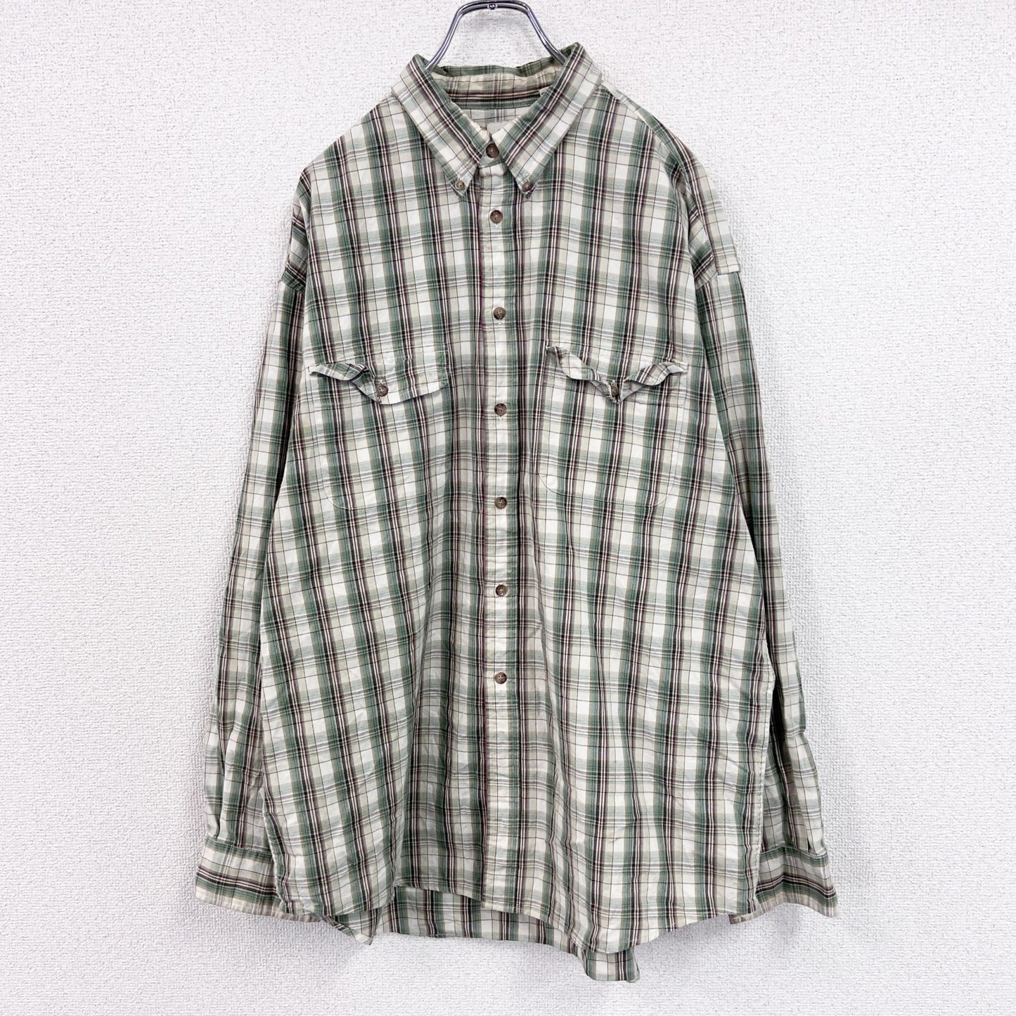 90s～　OLD GAP　オールドギャップ　長袖シャツ　白タグ　2つポケット　チェック柄　緑　グリーン　XLサイズ
