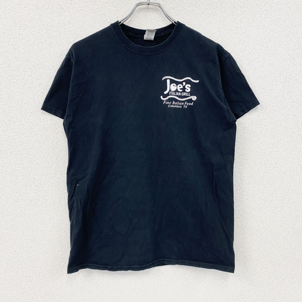 GILDAN　ギルダン　半袖プリントTシャツ　企業ロゴ　デカロゴ　英字プリント　両面プリント　クルーネック　黒　ブラック　Mサイズ　古着