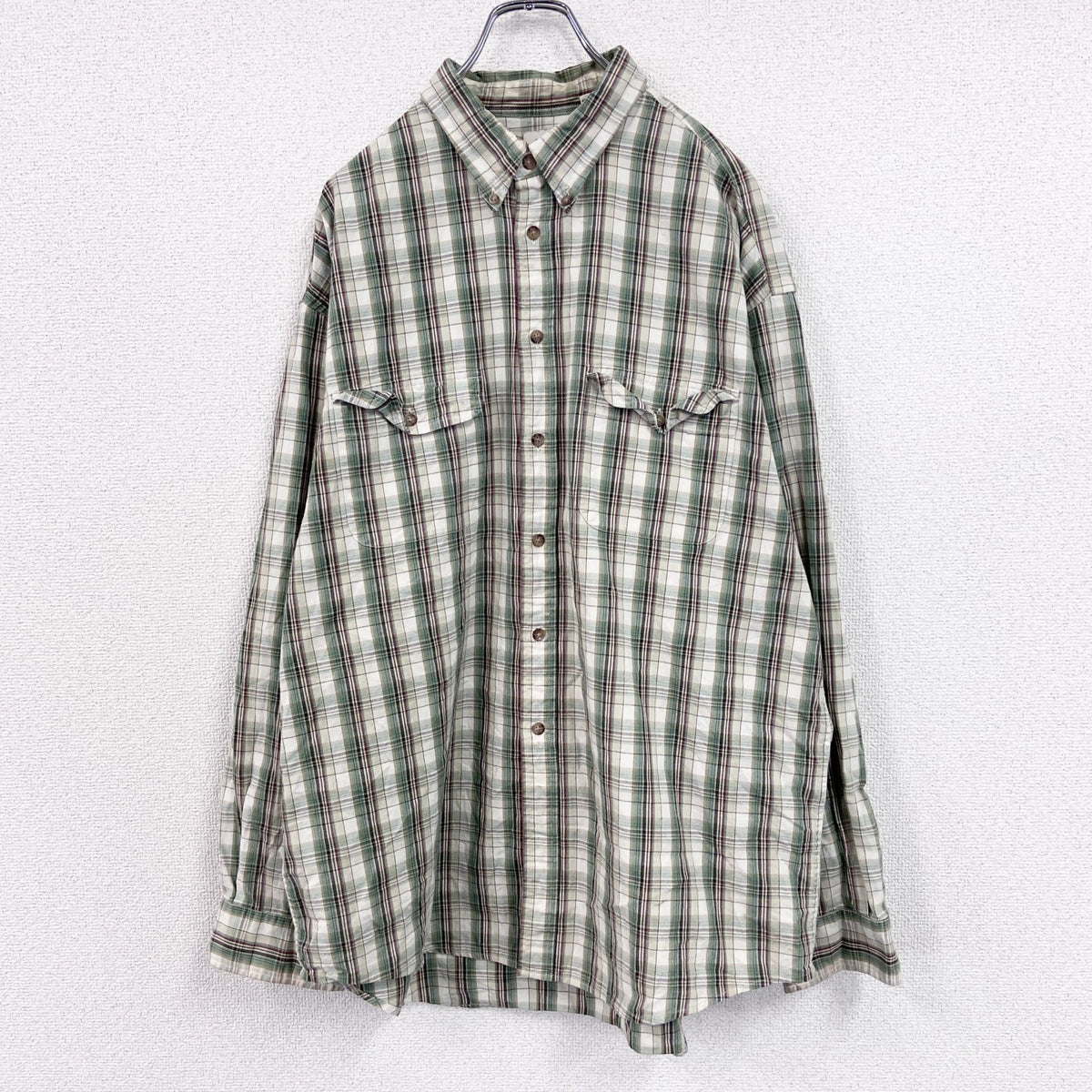 90s～　OLD GAP　オールドギャップ　長袖シャツ　白タグ　2つポケット　チェック柄　緑　グリーン　XLサイズ　　ヴィンテージ　古着
