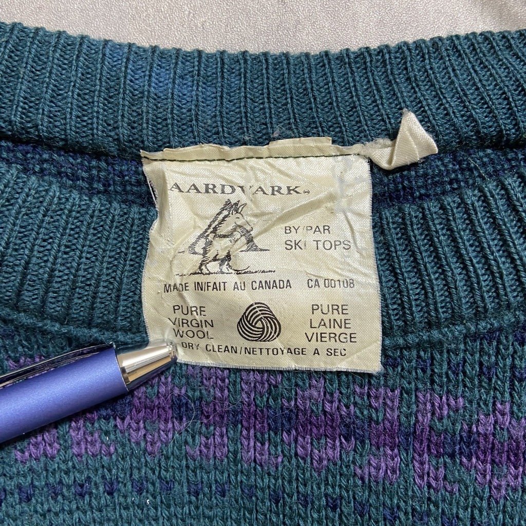 ～90s　AARDVARK　総柄ウールニットセーター　カナダ製　緑　グリーン　レトロ　秋冬服　Mサイズ　　ヴィンテージ　古着