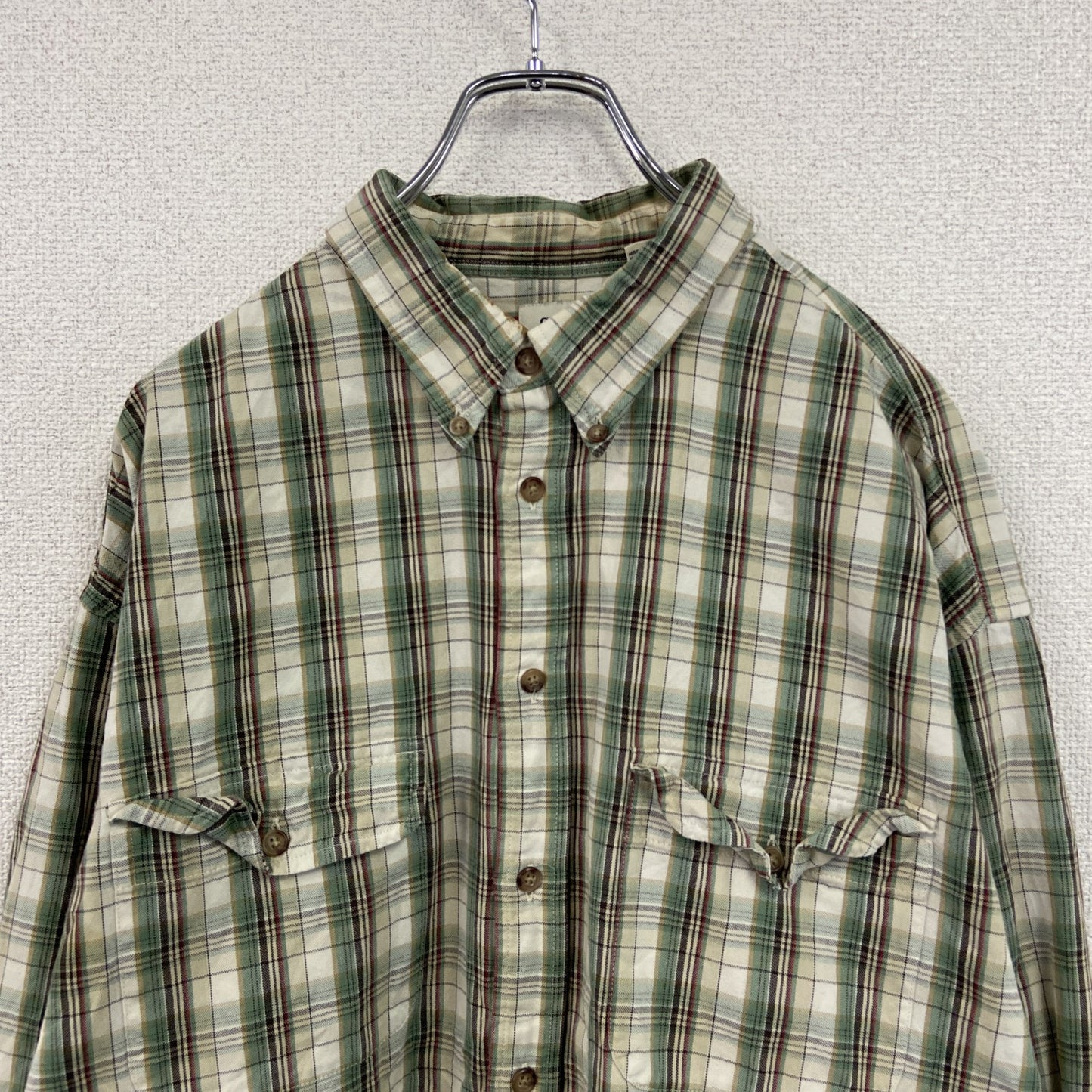 90s～　OLD GAP　オールドギャップ　長袖シャツ　白タグ　2つポケット　チェック柄　緑　グリーン　XLサイズ