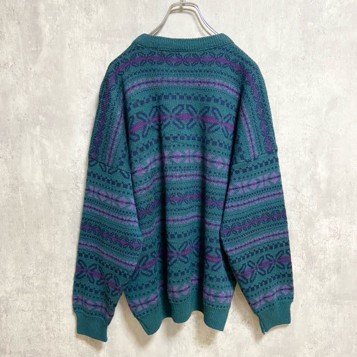～90s　AARDVARK　総柄ウールニットセーター　カナダ製　緑　グリーン　レトロ　秋冬服　Mサイズ　　ヴィンテージ　古着