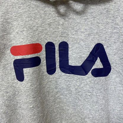 古着 used　FILA フィラ　長袖ビックロゴプリントパーカー　プルオーバー　フード付きスウェット　グレー　灰色　Lサイズ