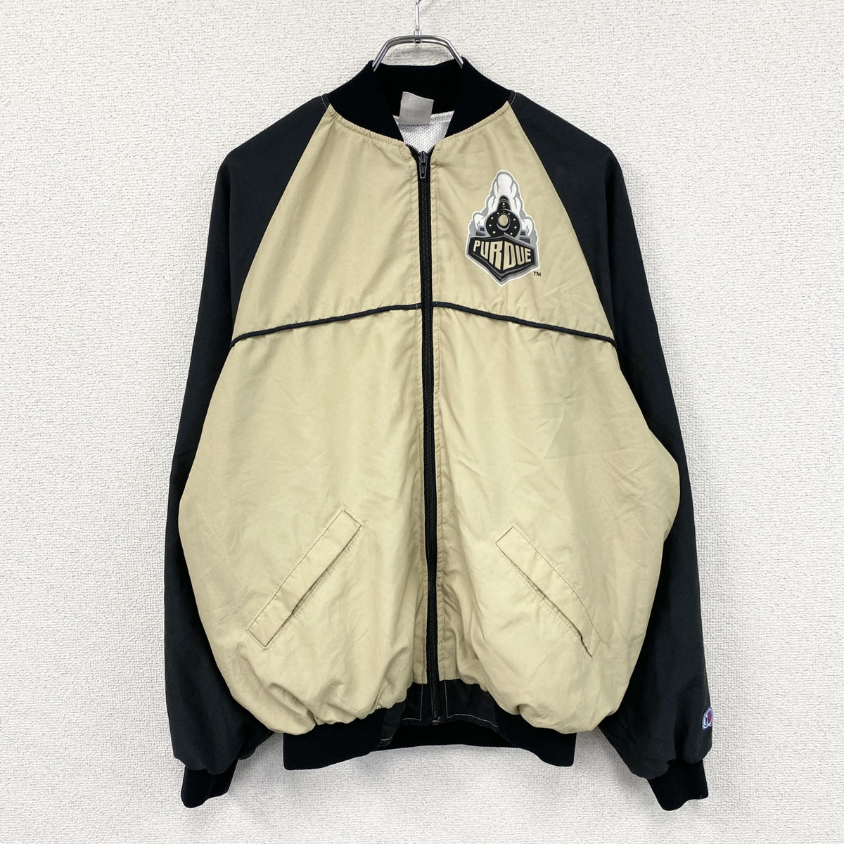 CLIFF KEEN ATHLETIC　フルジップジャケット　カレッジロゴ　ベージュ　黒　ブラック　Mサイズ　古着