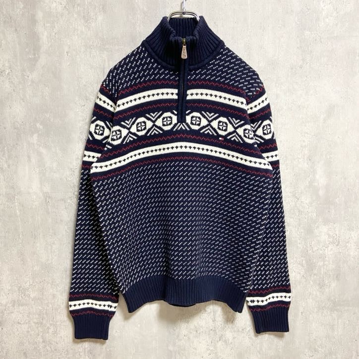 古着　used　TOMMYHILFIGER　トミーヒルフィガー　長袖ノルディック柄ハーフジップニット　セーター　ネイビー　Mサイズ