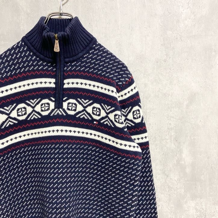 TOMMYHILFIGER　トミーヒルフィガー　長袖ノルディック柄ハーフジップニット　セーター　ネイビー　紺　Mサイズ　古着