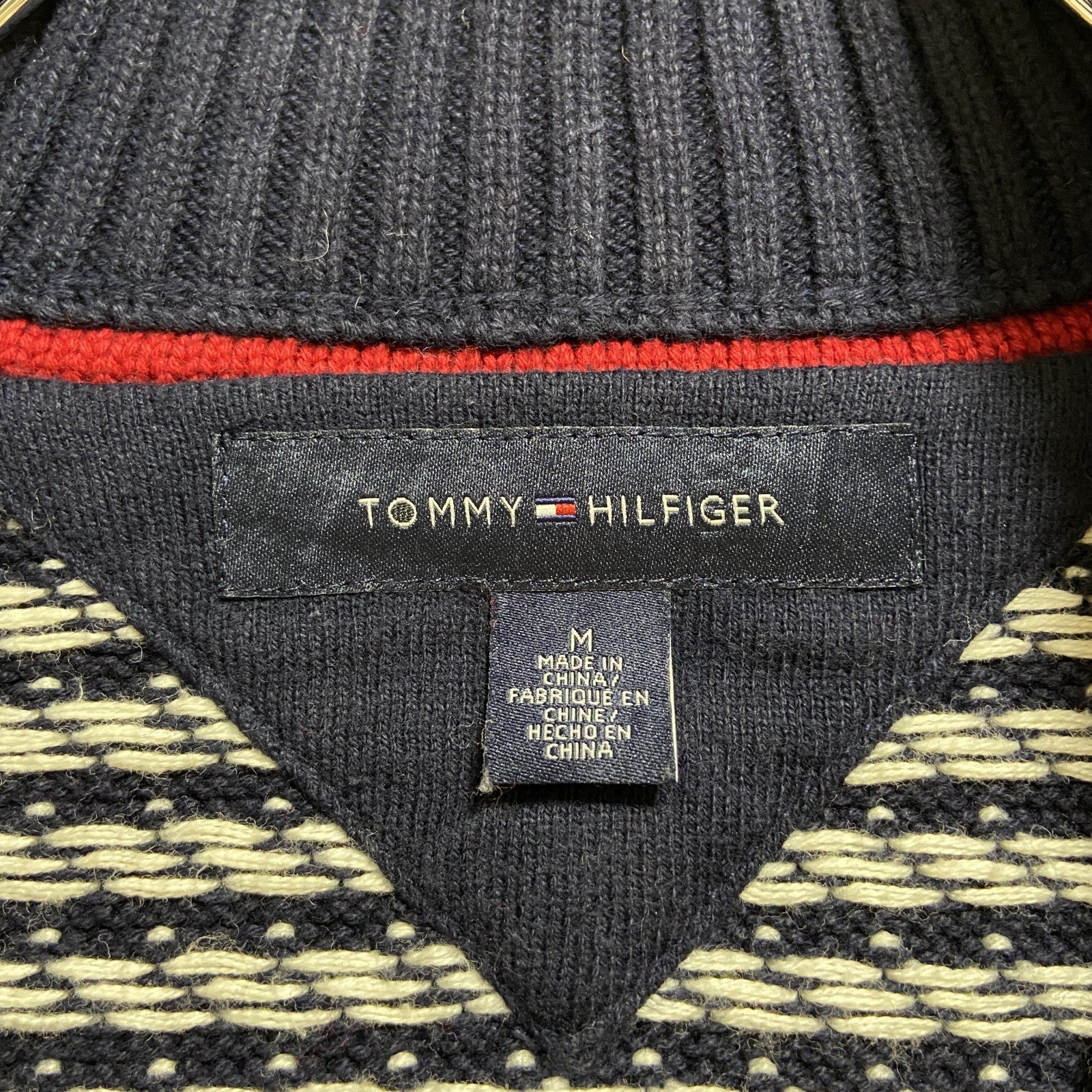 TOMMYHILFIGER　トミーヒルフィガー　長袖ノルディック柄ハーフジップニット　セーター　ネイビー　紺　Mサイズ　古着