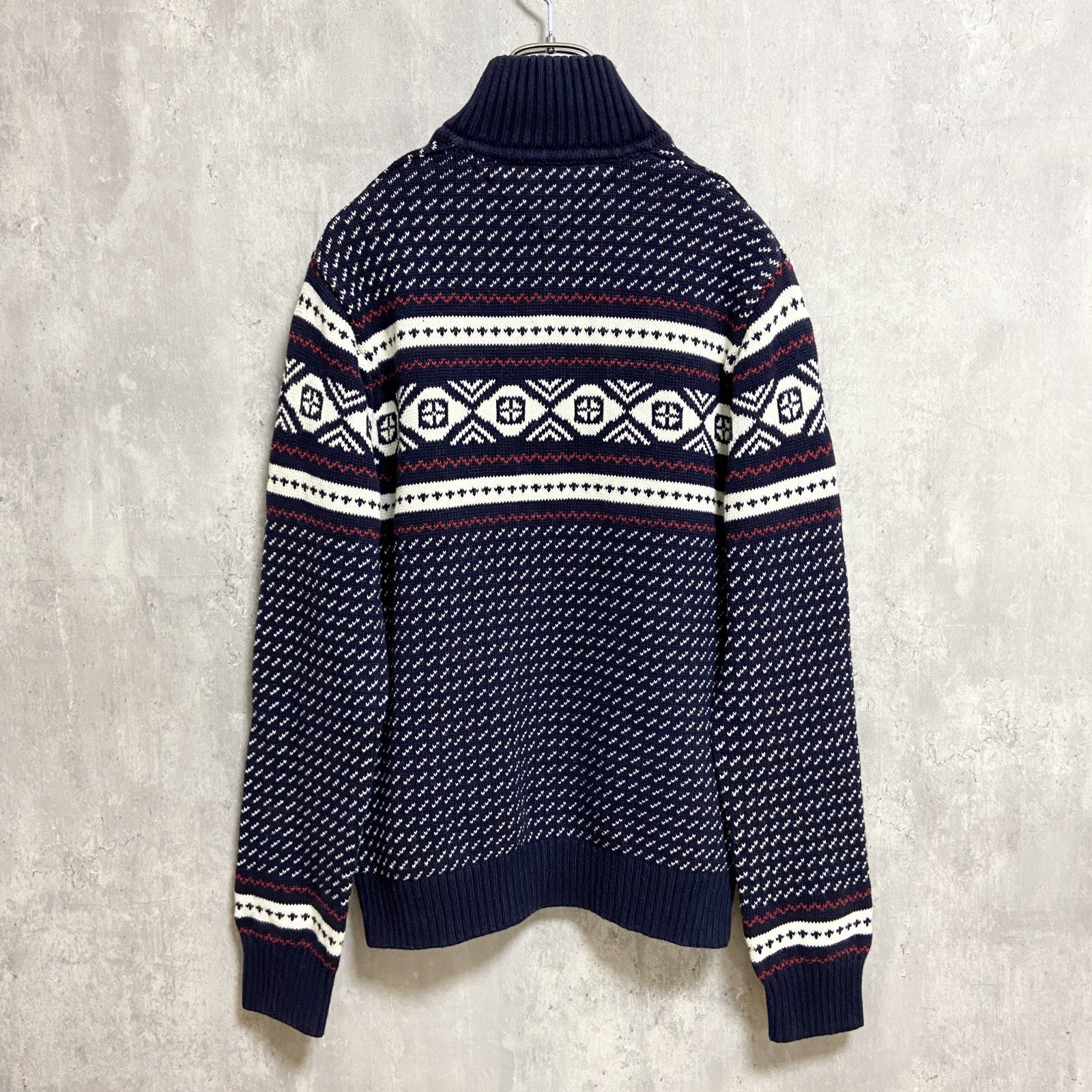 TOMMYHILFIGER　トミーヒルフィガー　長袖ノルディック柄ハーフジップニット　セーター　ネイビー　紺　Mサイズ　古着