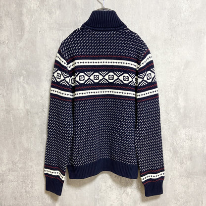 古着　used　TOMMYHILFIGER　トミーヒルフィガー　長袖ノルディック柄ハーフジップニット　セーター　ネイビー　Mサイズ