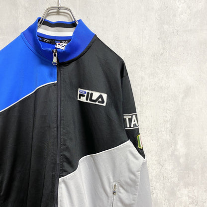 古着　used 　FILA　フィラ　長袖フルジップトラックジャケット　ジャージ　切り替え　ワッペン刺繍　イタリア　黒　ブラック