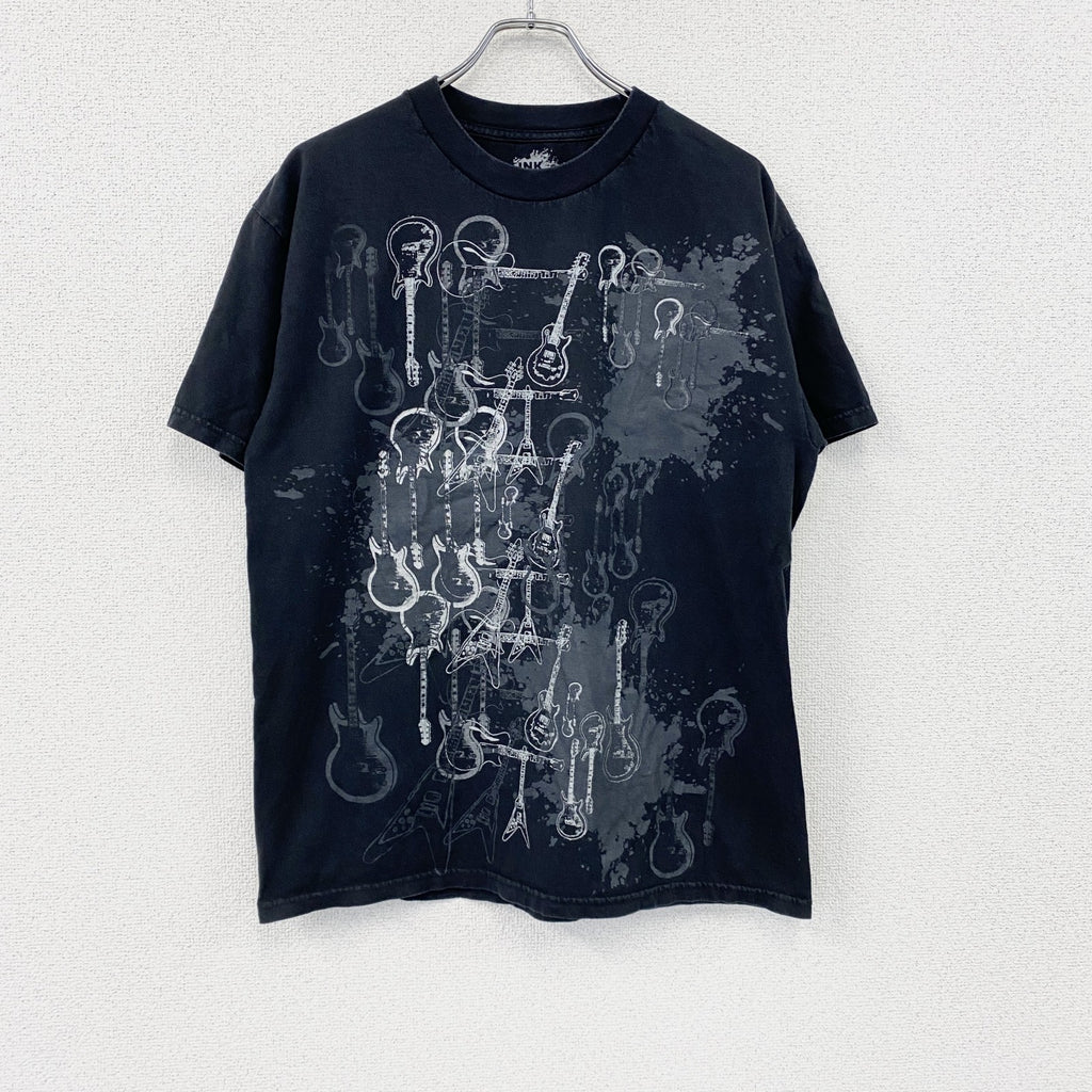 INK　半袖プリントTシャツ　ミュージック　ギター　黒　ブラック　Lサイズ　古着